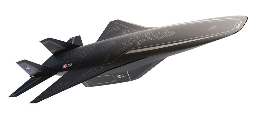 An artist concept of a skinny, rectangular hypersonic vehicle with delta wings and the NASA logo, covered in black tiles.